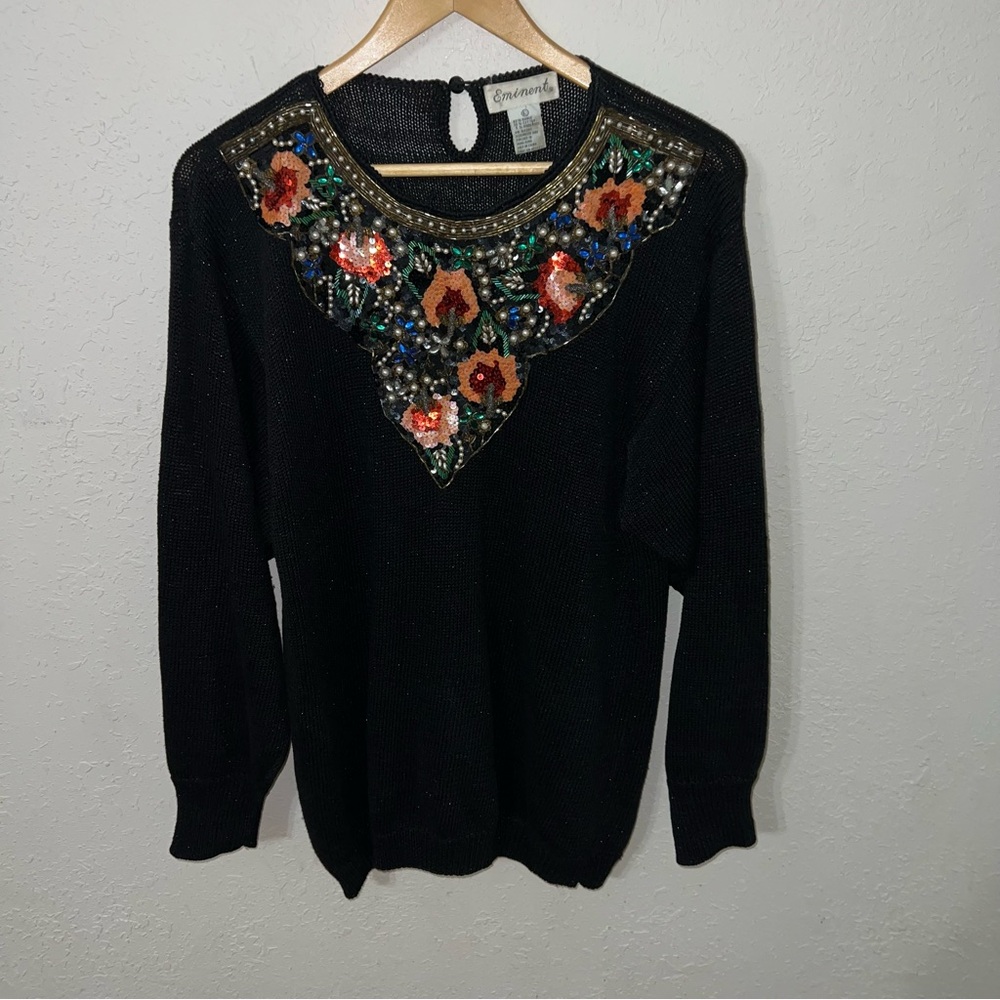 Eminent Vintage 80's Embellished
Sweater Black Sparkly Floral Sequins & Beads
